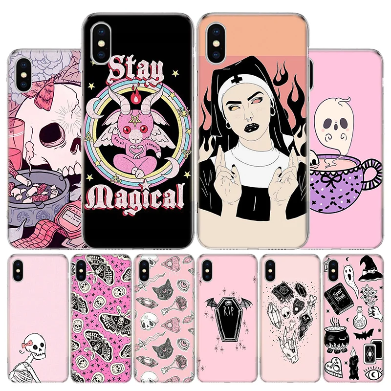 Pink Cat Skull Sorceress Witch Phone Case For Apple iPhone 11 12 13 14 15 16 Pro Max 7 X XS 8 Plus + Mini SE Customized Print So