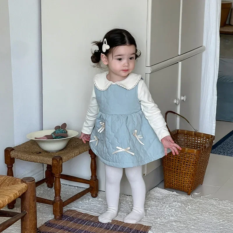 Girls Suits 2024 Autumn New Childrens Clothes Baby Girls Lapel Bottom Shirt Thin Cotton Bow Waistcoat Two-piece Casual Simple