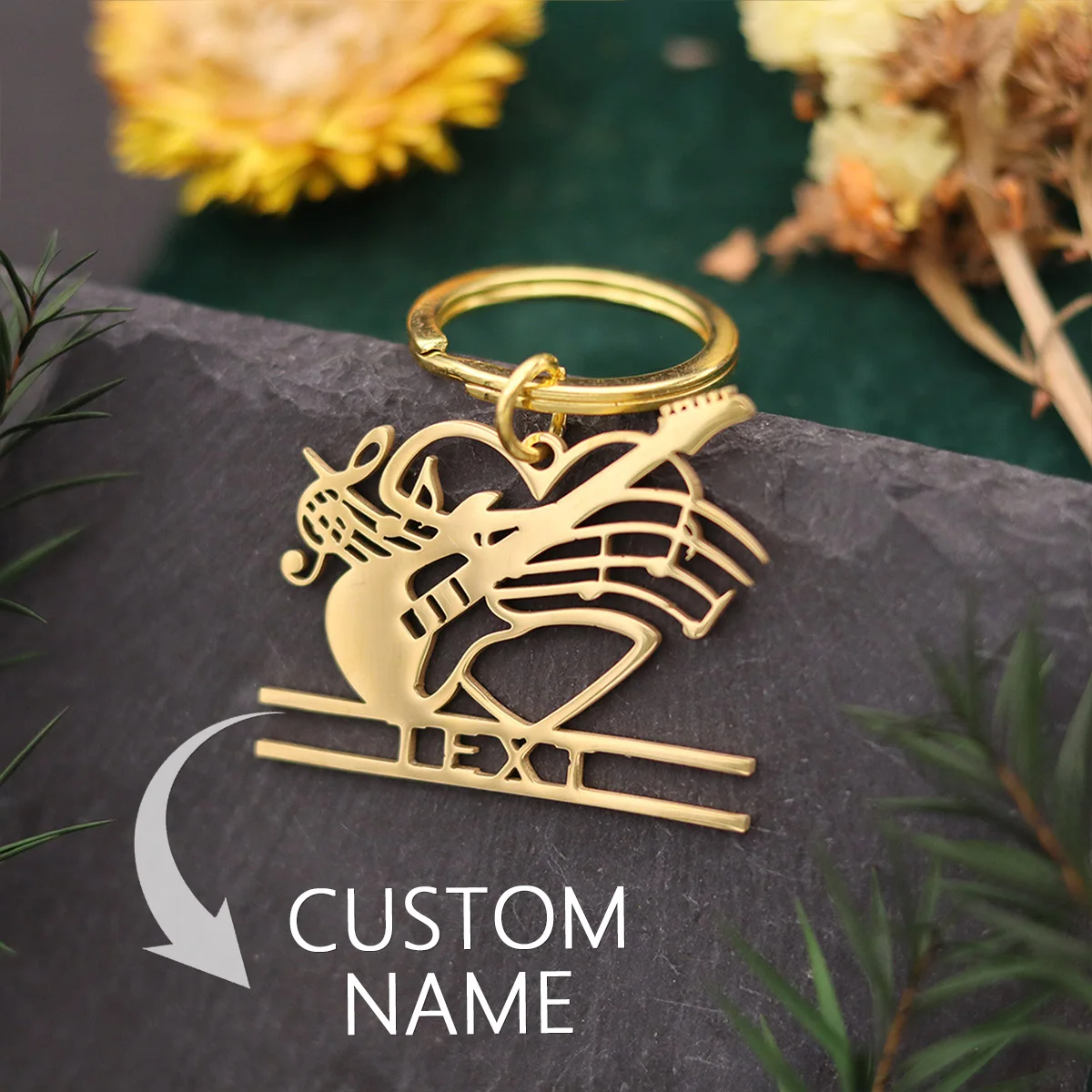 QIAMNI Custom Music Guitar Name Key Chain for Men Women Stainless Steel Love Heart Keychain Rock Punk Nameplate Keyring Gift