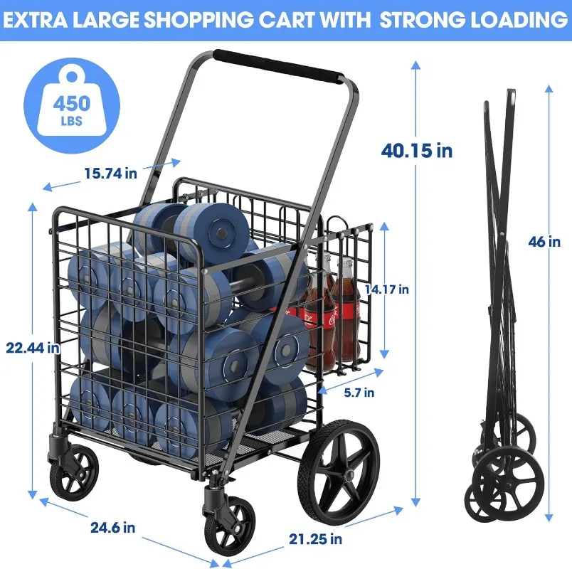 450lbs Capacity Shopping Cart, Foldable, with Double Basket and 360° Rolling Swivel Wheels for Groceries Laundry Transport