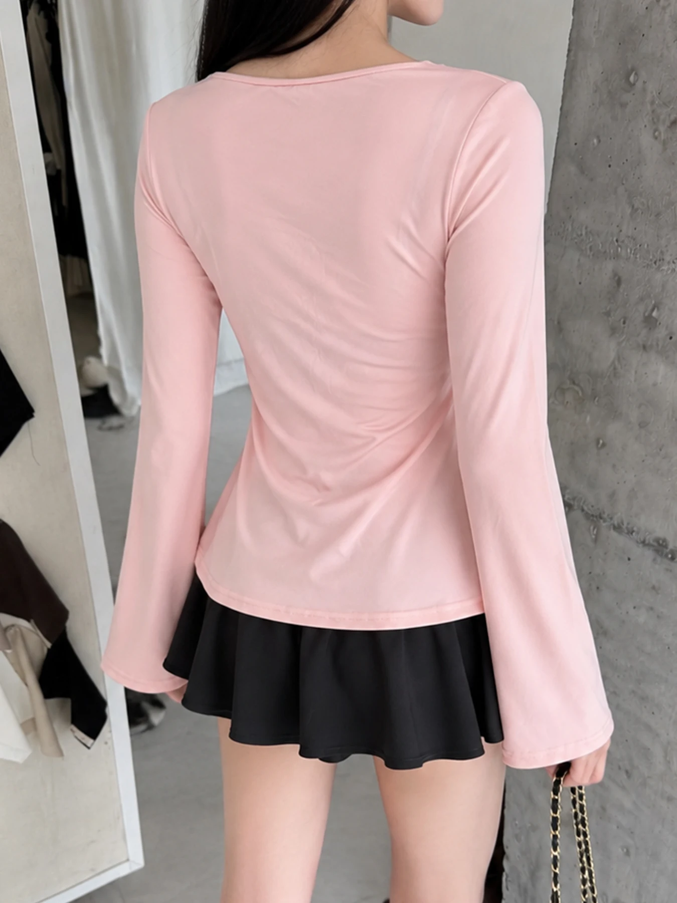 Women Y2K Coquette Long Sleeve Peplum Top Aesthetics Punk Lace Trim V Neck Button Front Shirred Waist Flare Sleeve Casual Blouse