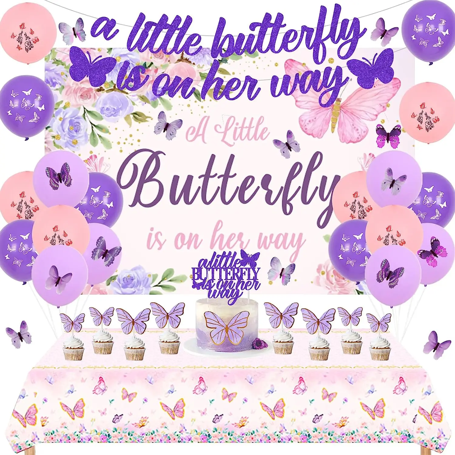 

Butterfly Baby Shower Decorations for Girl Pink Purple Little Butterfly Backdrop Banner Cake Topper Tablecloth 3D Wall Stickers