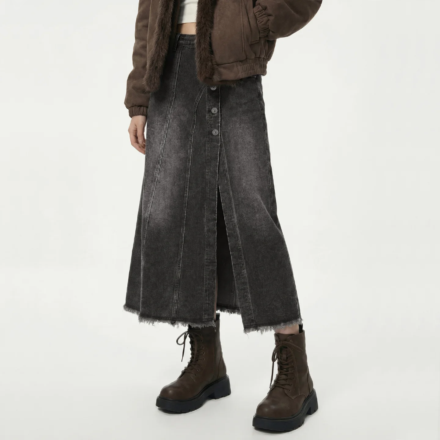 

Maden Women’s Vintage Cotton Denim Midi Skirt High Waist A-Line Split Slim Fit Casual Spring Gray Street Style Wear Outfit