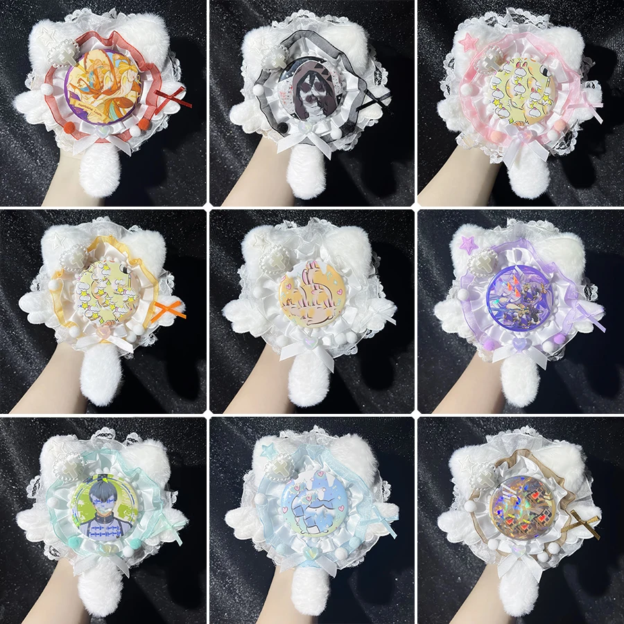 Multicolor Cute Plush Lace Round Badge Holder, Bunny Cat Ear Handmade DIY Anime Cartoon Game Character Merchandise Badge Display Stand, Fan Art Accessories Badge Holder