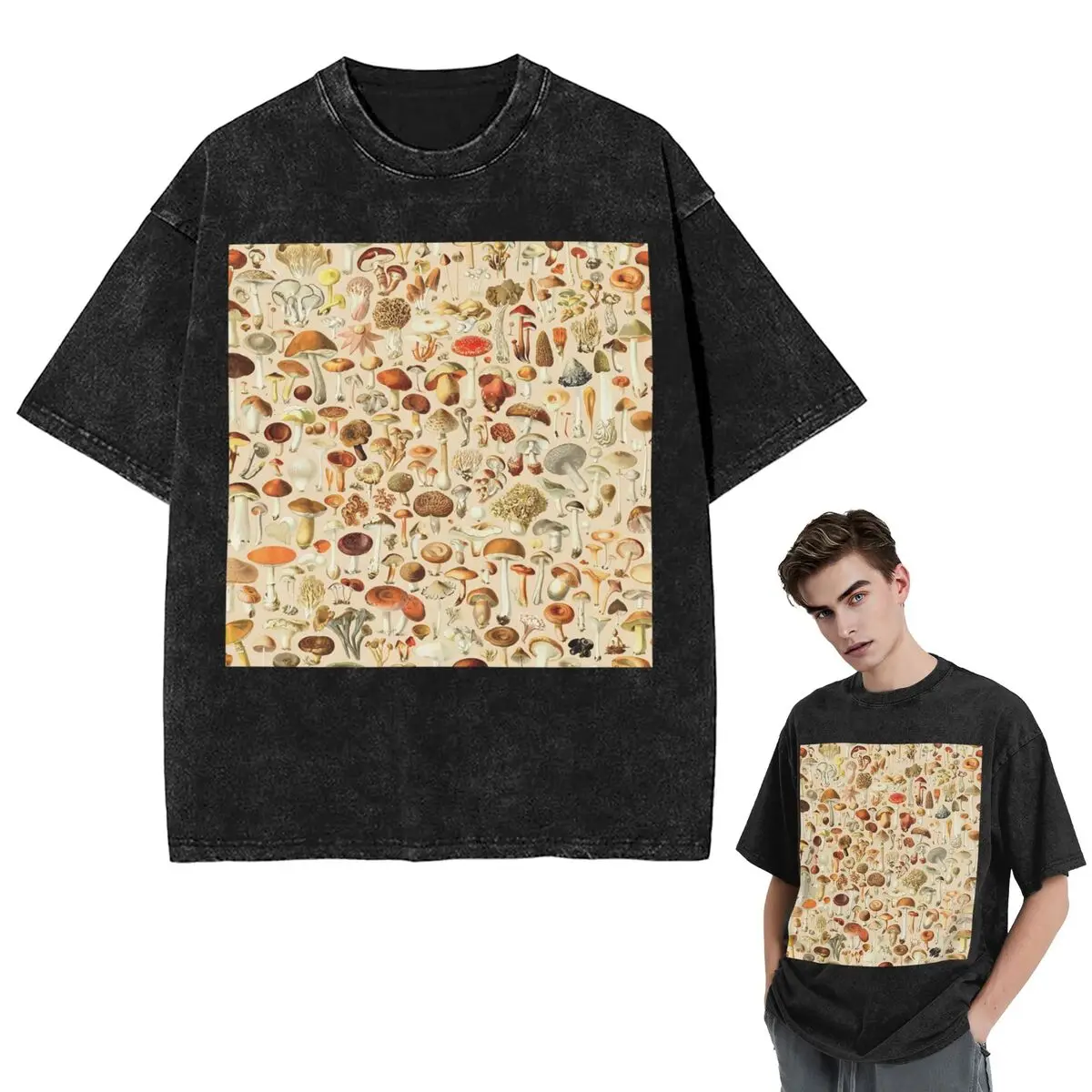 

Streetwear T-Shirts Vintage Mushroom Designs Collection Washed T Shirt Short Sleeve Hip Hop T-Shirt Tops Tees for Men Women