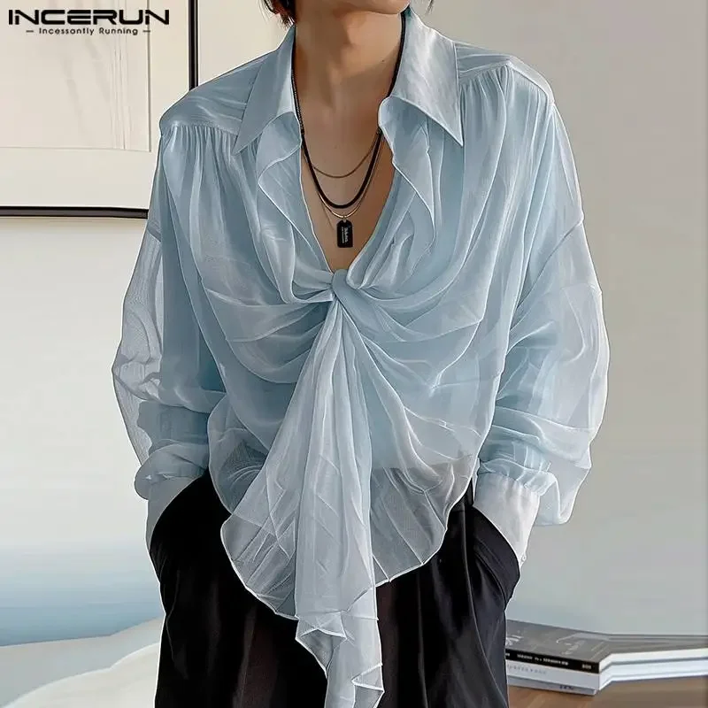 INCERUN Tops 2024 Korean Style Fashion Men\'s Chiffon Perspective Twisted Shirts Casual Personality Male Thin Long Sleeved Blouse