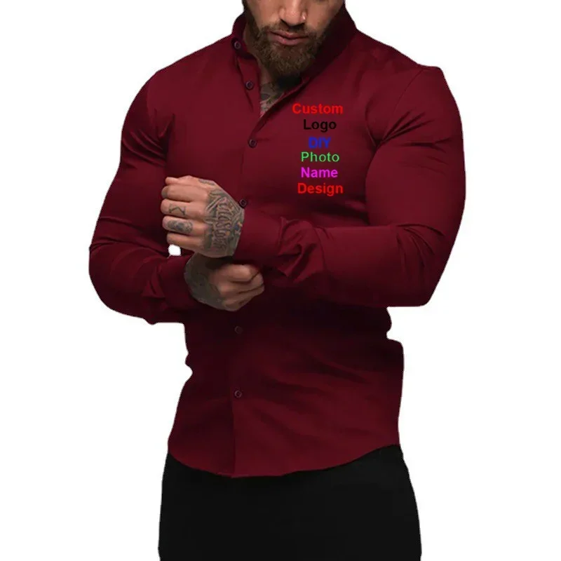 

Customized DIY Brand Logo Spring Men's Long Sleeve Super Slim Fit Casual Fashion Turn Down Collar Business Dress Shirt