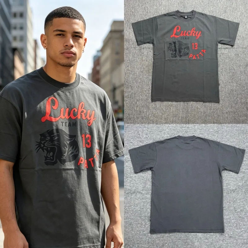 PATTA Unisex Dark Gray Loose Short Sleeved T-shirt with Black Panther Letter Pattern Printed Casual Top
