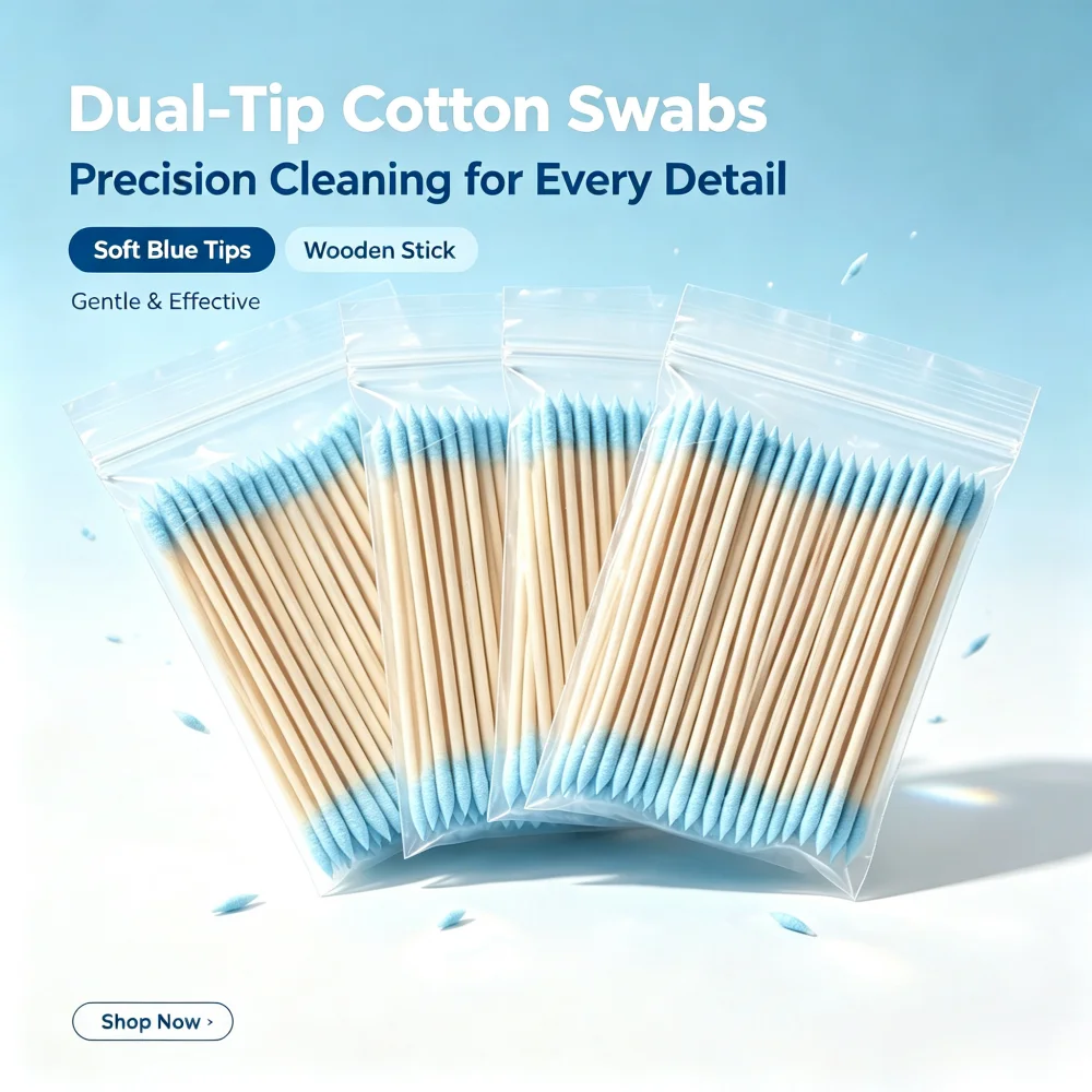 Disposable 10cm Blue Double Tip Cotton Swabs, Long Wood Stick Precision Cotton Buds in Zip Pouch forTattoo& Personal Care,Makeup