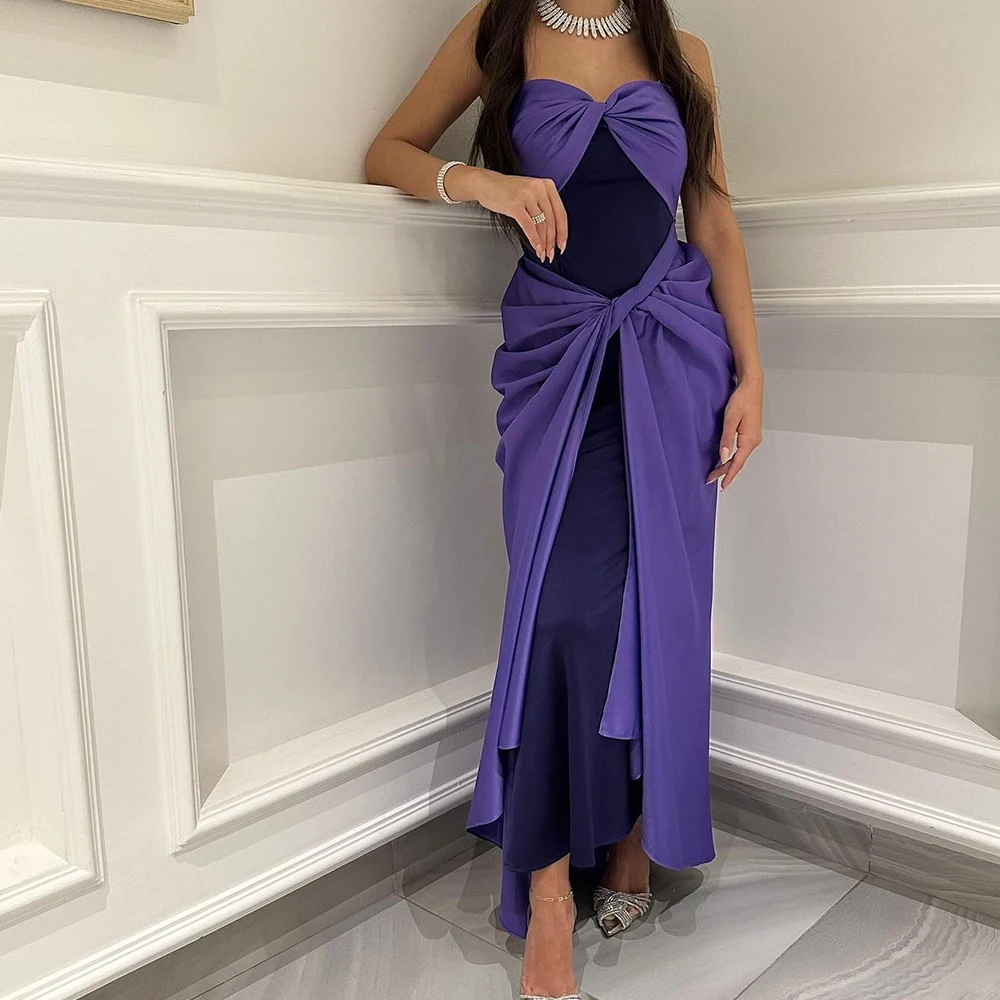 

Sexy Straight Purple Floor Length Evening Dress Simple Strapless Jersey Sleeveless Pleats Saudi Arabia Bespoke Occasion Gowns