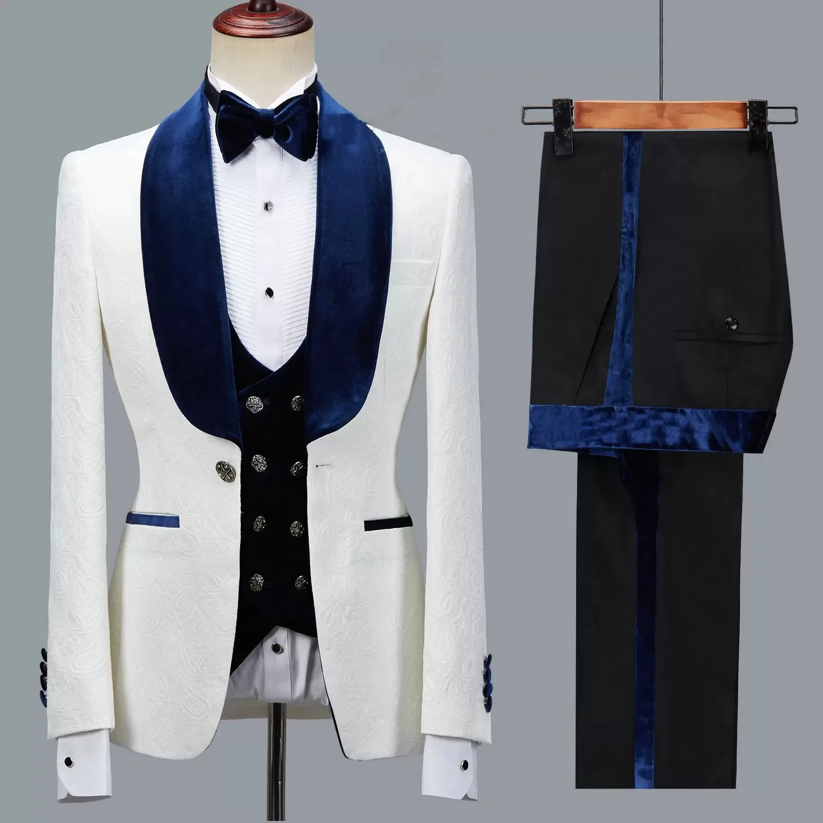 2023มาใหม่ล่าสุดดอกไม้ชายชุด Slim Fit Tuxedo สีน้ำเงินกำมะหยี่ Lapel Groom Party ชุดเครื่องแต่งกาย Homme เจ้าบ่าว Blazer