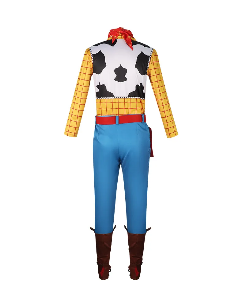 Sheriff Woody Cowboy Cosplay Costume with Red Bandana Paisley Poncho Yellow Plaid Shirt Pants Brown Boot Covers Full Set for Adu view 6
