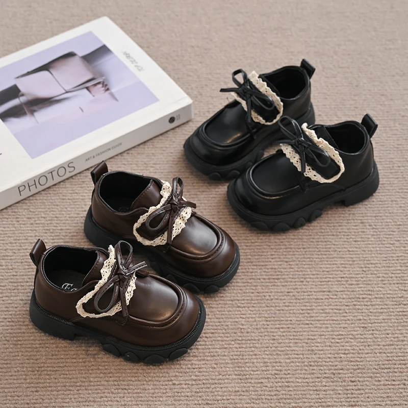 Little Girls Lace Bow Loafer Shoes, Vintage Lolita Thick Lug‑Sole Non‑Slip Princess Casual Dress Shoes