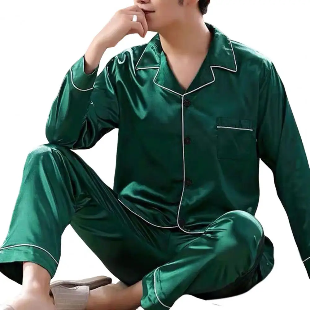 

1 Set Popular Men Sleepwear Set Single Breasted Super Soft Men Top Pants Relaxed Fit Elastic Waist Sleepwear Set