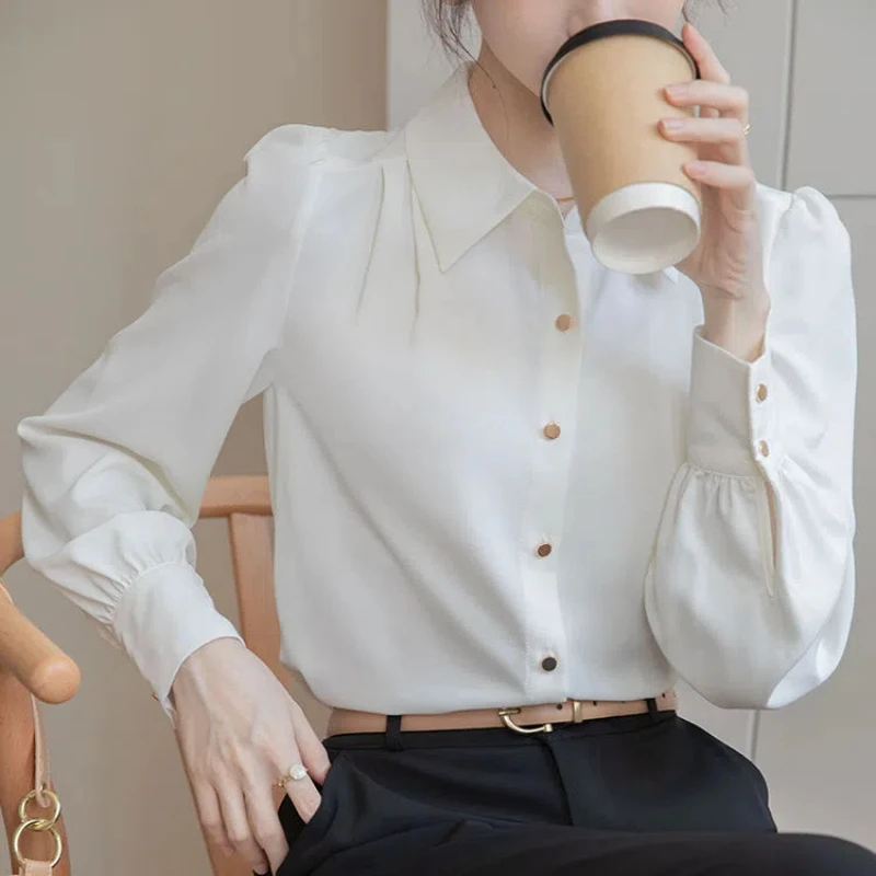 Autumn New Korean Loose White Shirt Tops Long Sleeve Polo Neck Solid Simplicity Office Blouse Temperament Elegant Women Clothing