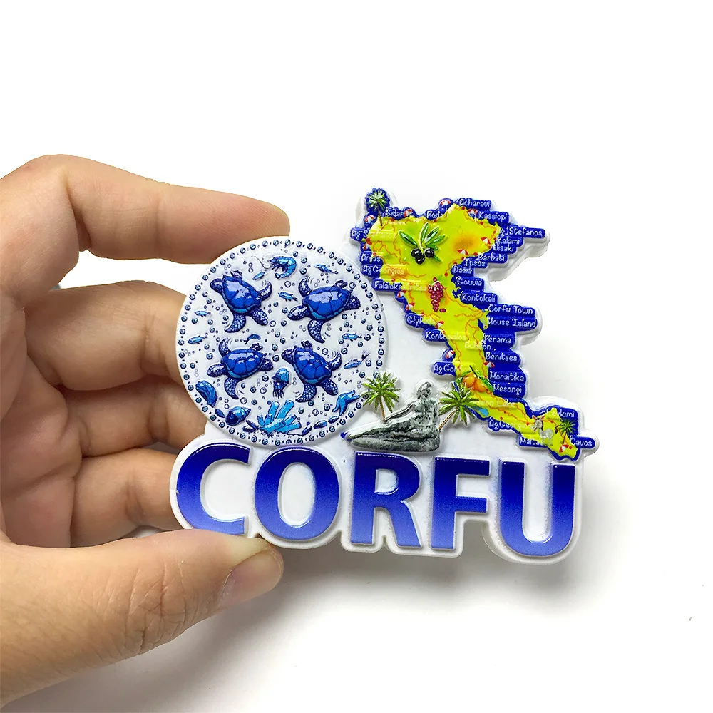 

Corfu Island Shape Resin Fridge Magnet - Souvenirs from Greece with Map and Blue Elements