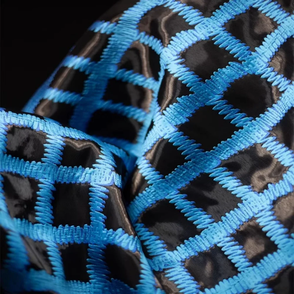 

Flash Satin Jacquard Fabric Black Blue Large Plaid Fashion Designer Fabrics for By The Yard Cloth Diy Sewing Material Per Meters