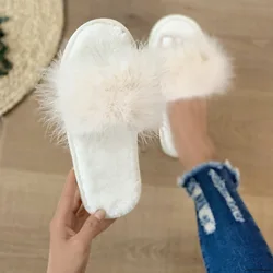 Winter Woman Slippers Fashion White Feather Furry Flat Women Shoes Ladies Summer Outdoor Slides Female Plus Size Pink