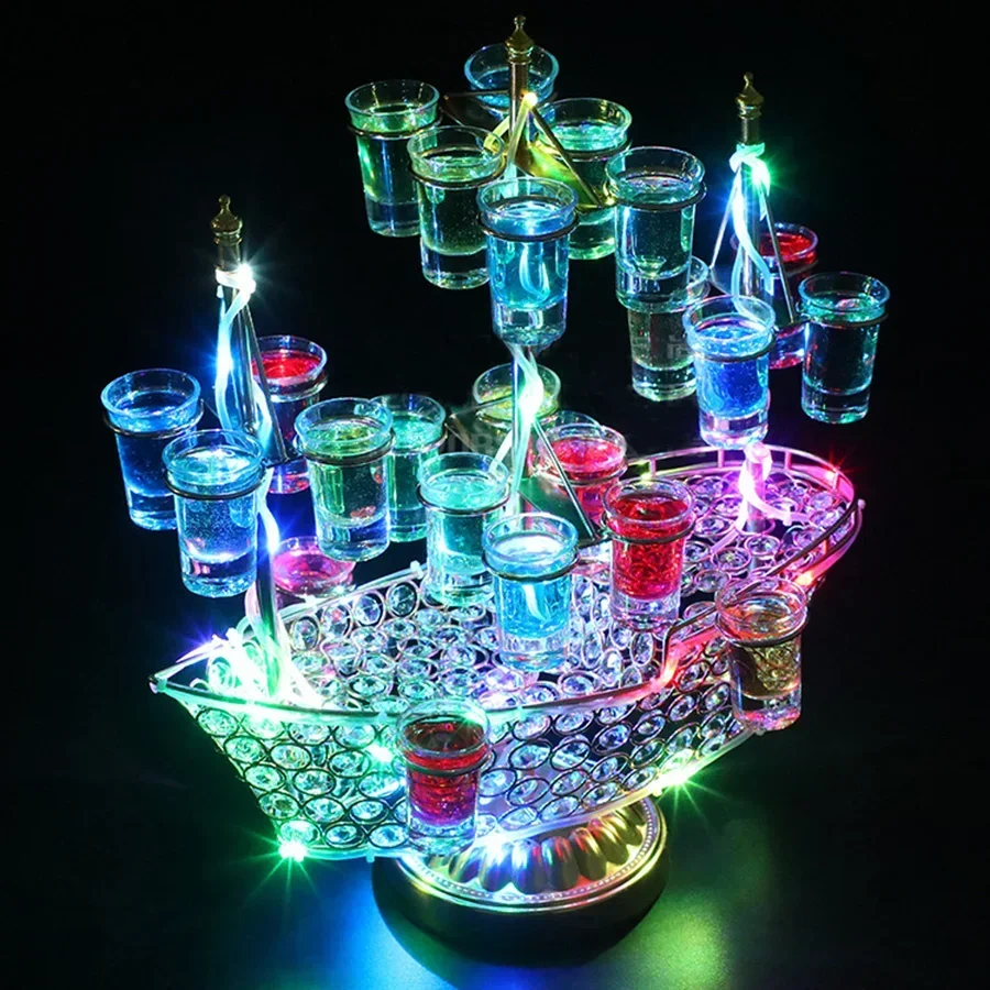 Rechargeable Boat Shape 24 Hole Cocktail Cup holder Stand VIP Service Shot Glass Display Wine Glass Rack Party Decor