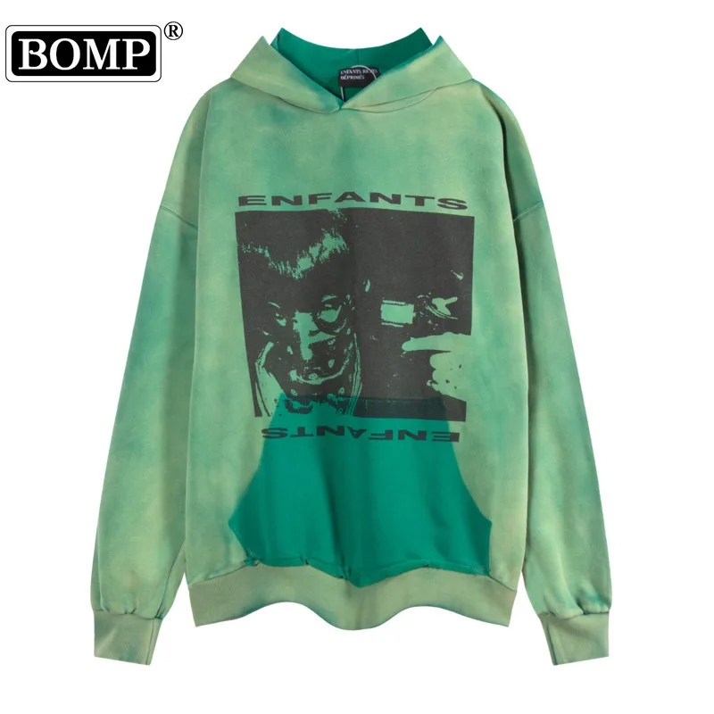 [BOMP] Second-generation Washed Green Illustration Art Hoodie Autumn And Winter Casual Hooded Sweatshirt For Both