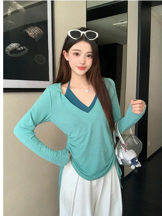 

plus Size Women's Casual ter Ne Vest Long Sve Spring Summer New Sle Waist Cinched Hooded Top And Bot Set Two Pieces