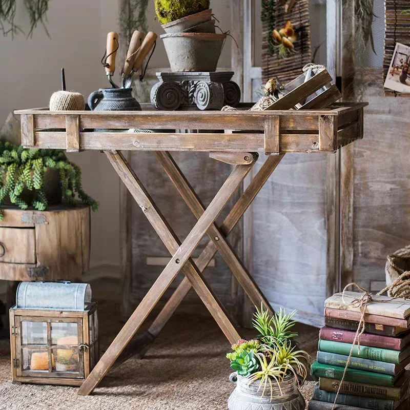 Solid wood flower table workbench, console grocery garden decoration display and storage