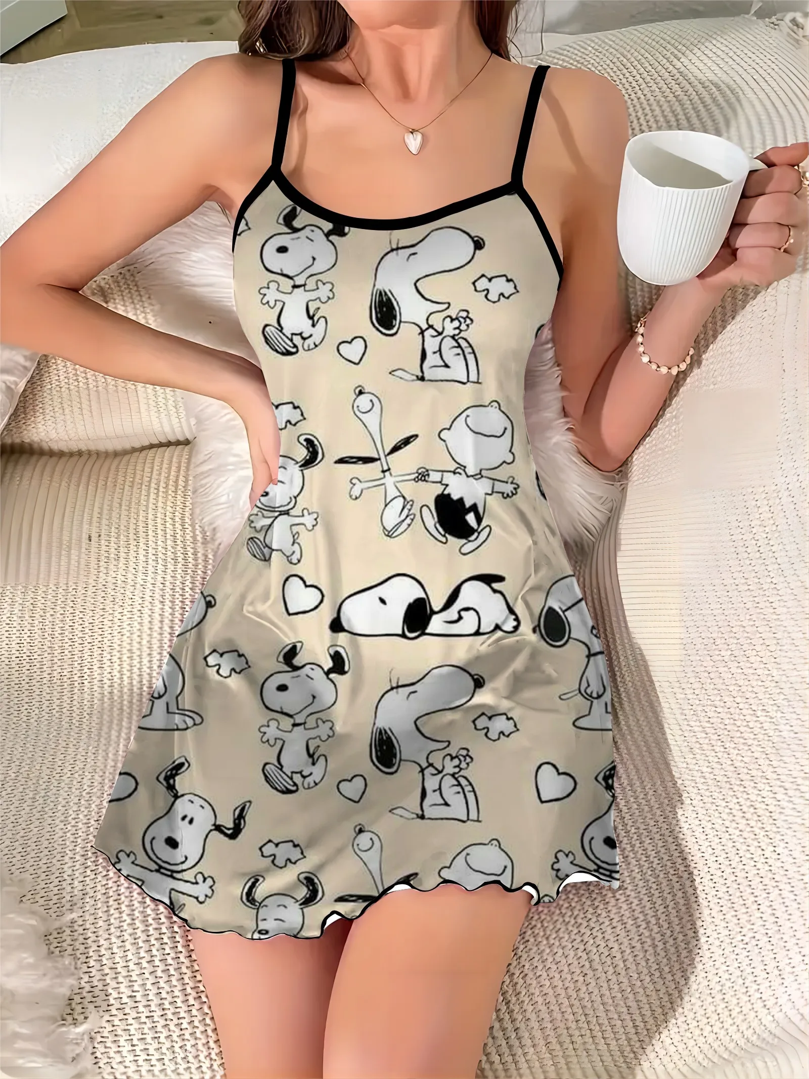 Snoopy Satin Surface Sexy Dress Elegant Dresses for Women Crew Neck Lettuce Trim Pajama Skirt Fashion Summer 2024 Chic Mini Trim