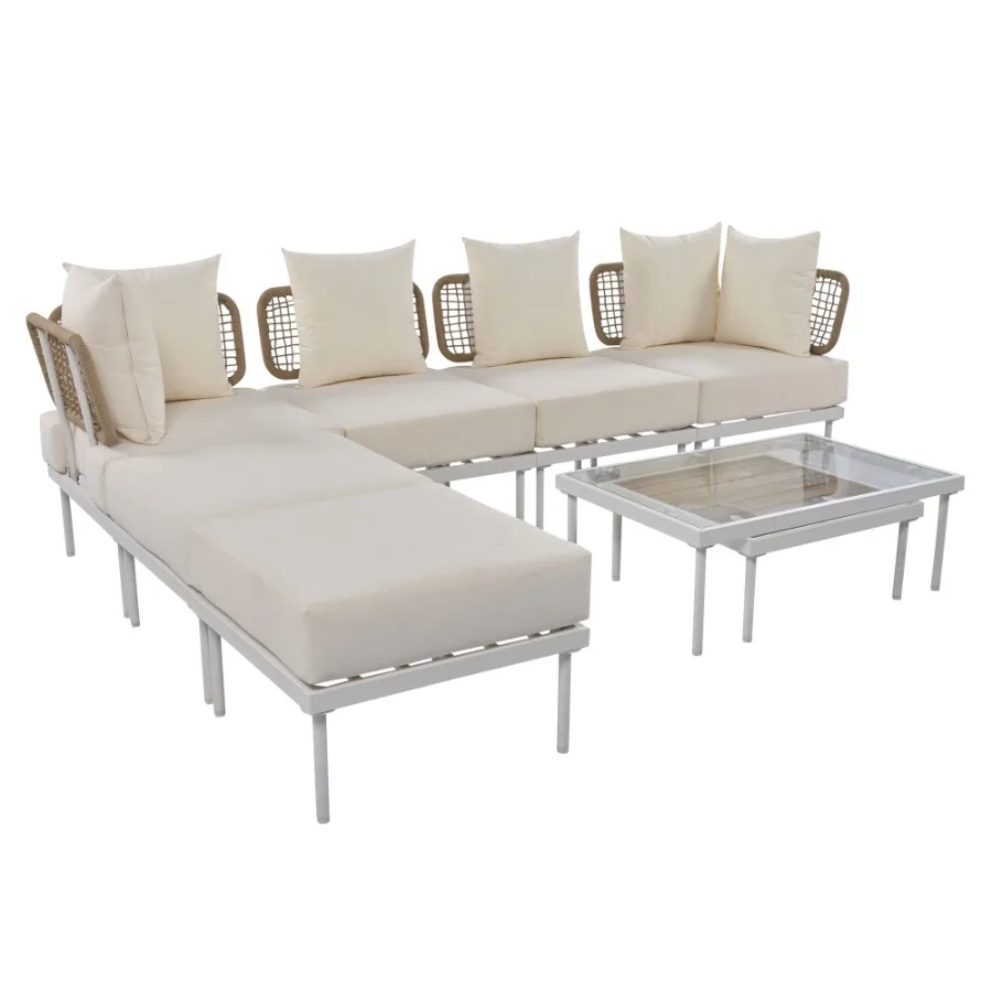 

TREXM 8Piece Patio Sectional Sofa Set with Tempered Glass Coffee Table and Wooden Coffee Table for Outdoor Oasis Garden Patio a