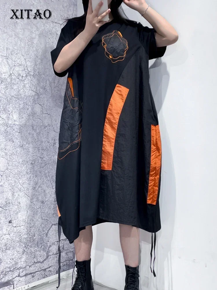 

XITAO Casual Patchwork Print Dress Black 2025 Summer New Loose Fashion Temperament Korea Appear O-neck Pullover Dress WLD11248