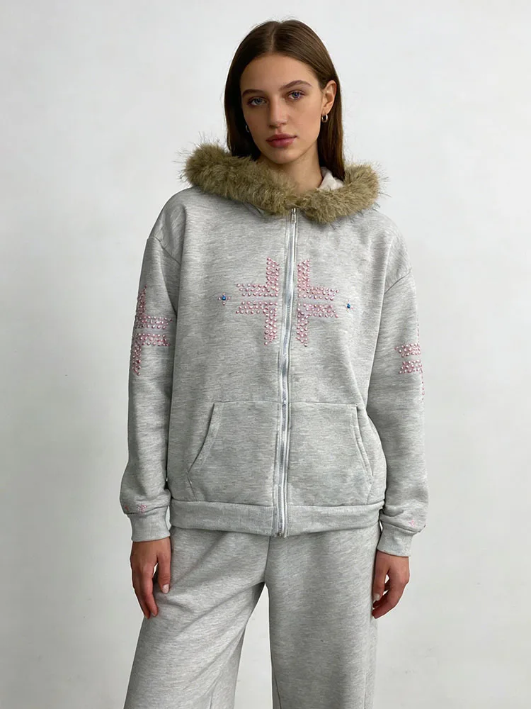 

Gothic Harajuku Ins Trend Lulu Hoodie Men's and Women's Fashion Hot Diamond Haired Collar Zipper Hoodie Y2k Clothing