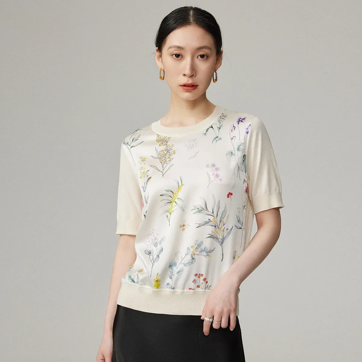 

Summer 1PC Women short sleeve Tee T shirts blouses Top 90% mulberry silk 10% spandex plants print. S-573