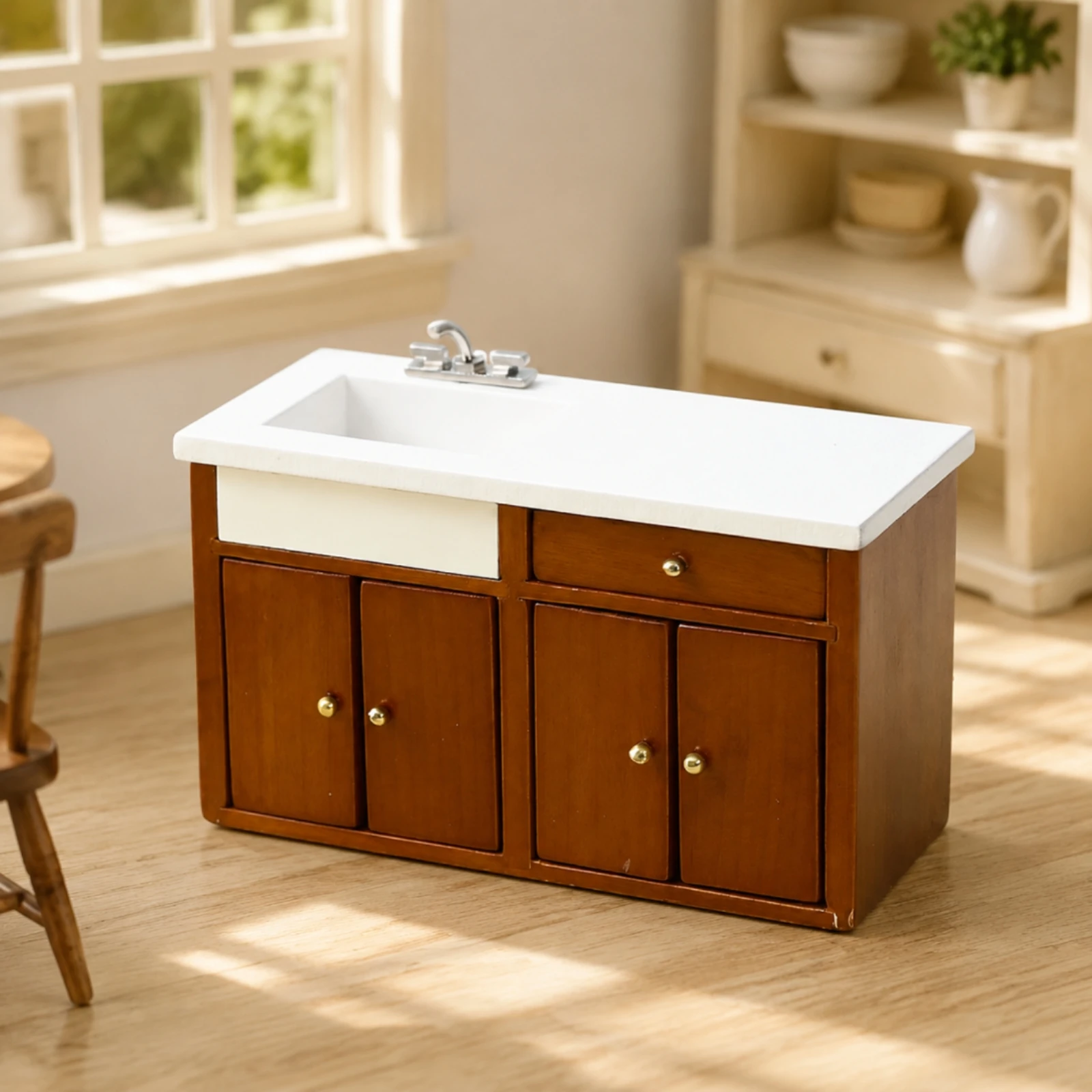 Birch Wood Miniature Kitchen Sink Cabinet Detailed 1:12 Scale Dollhouse Sink Cabinet Versatile Collectible for Diorama Makers