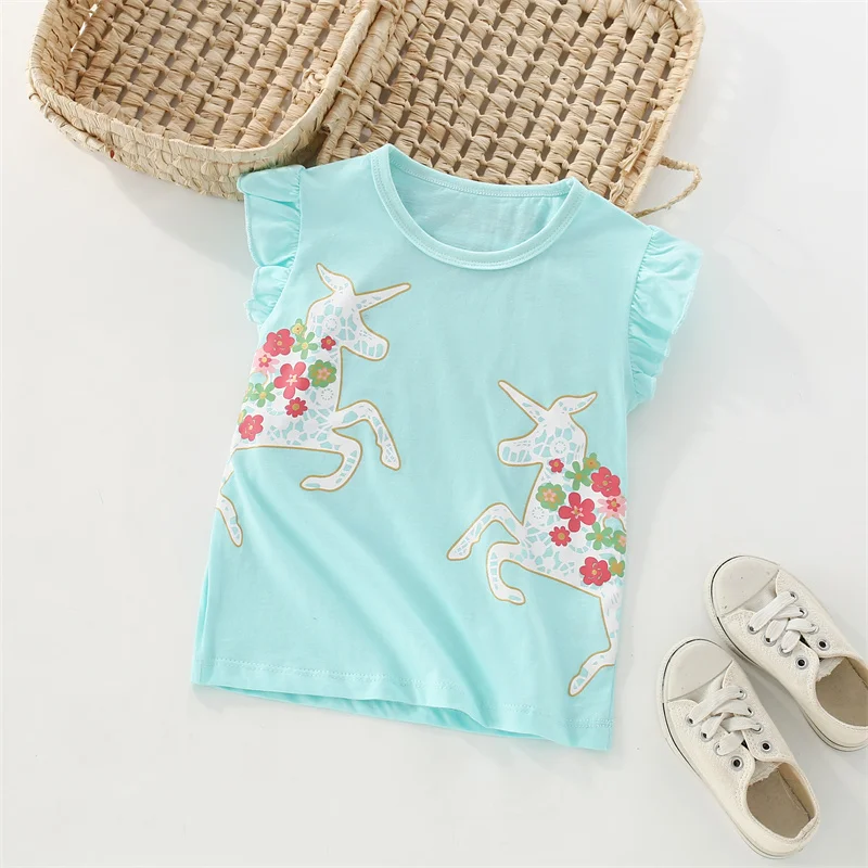 Meter springen Nieuwe collectie Eenhoorn Hot Selling Streep Meisjes T-shirts Zomer Kinderkleding Tops Tees Kostuum Baby