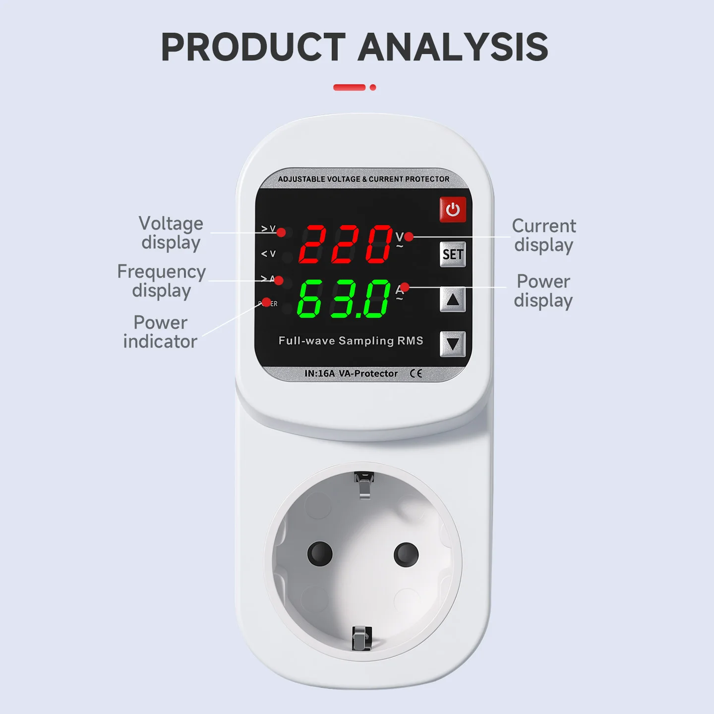 16A 220V EU Plug Adjustable Voltage Current Protector Socket with Digital LED Display for over under Voltage And over Current Pr