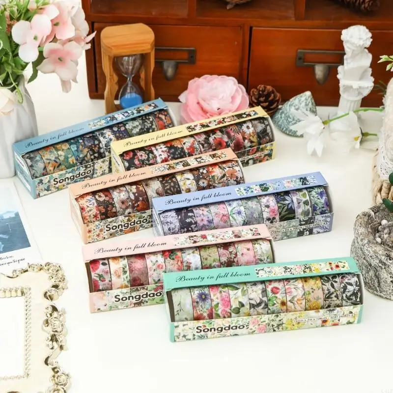 L41F 10Pcs Flower Decorative Tape Scrapbooking Tape Aesthetic Masking Tape for Scrapbooking Journal Photo Album Wrapping