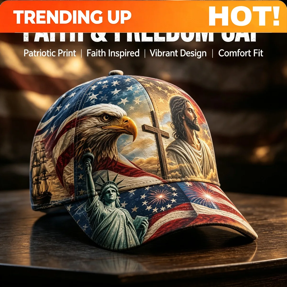 Custom Freedom And Faith Trucker Baseball Cap, Distressed American Flag Print With Eagle, Cross, And Statue Of Liberty Designs,