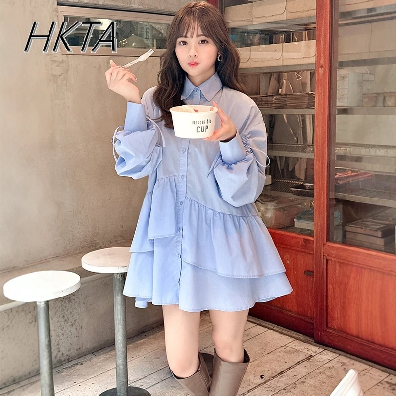 Japanse zoete asymmetrische ruche lange trekkoord mouw polokraag shirtjurk dames vouw commuter losse blauwe lange blouse