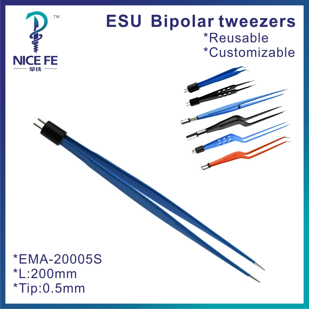 

Reusable AHA Blue Bipolar Forceps Bipolar tweezers Straight or Curved for Electrosurgical unit，L:20cm, tip 0.5mm