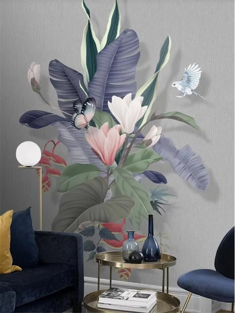 Custom wallpaper 3d large mural Nordic hd hand-painted small fresh tropical plants magnolia bird background wall Relief flowers