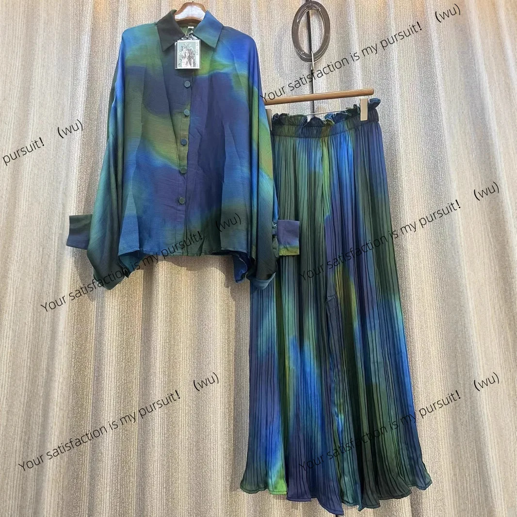 ZOCI-Women's Vintage Printed Loose Shirt Two-piece Set + Elastic Waist Pleated Wide Leg Pants Fashion Set