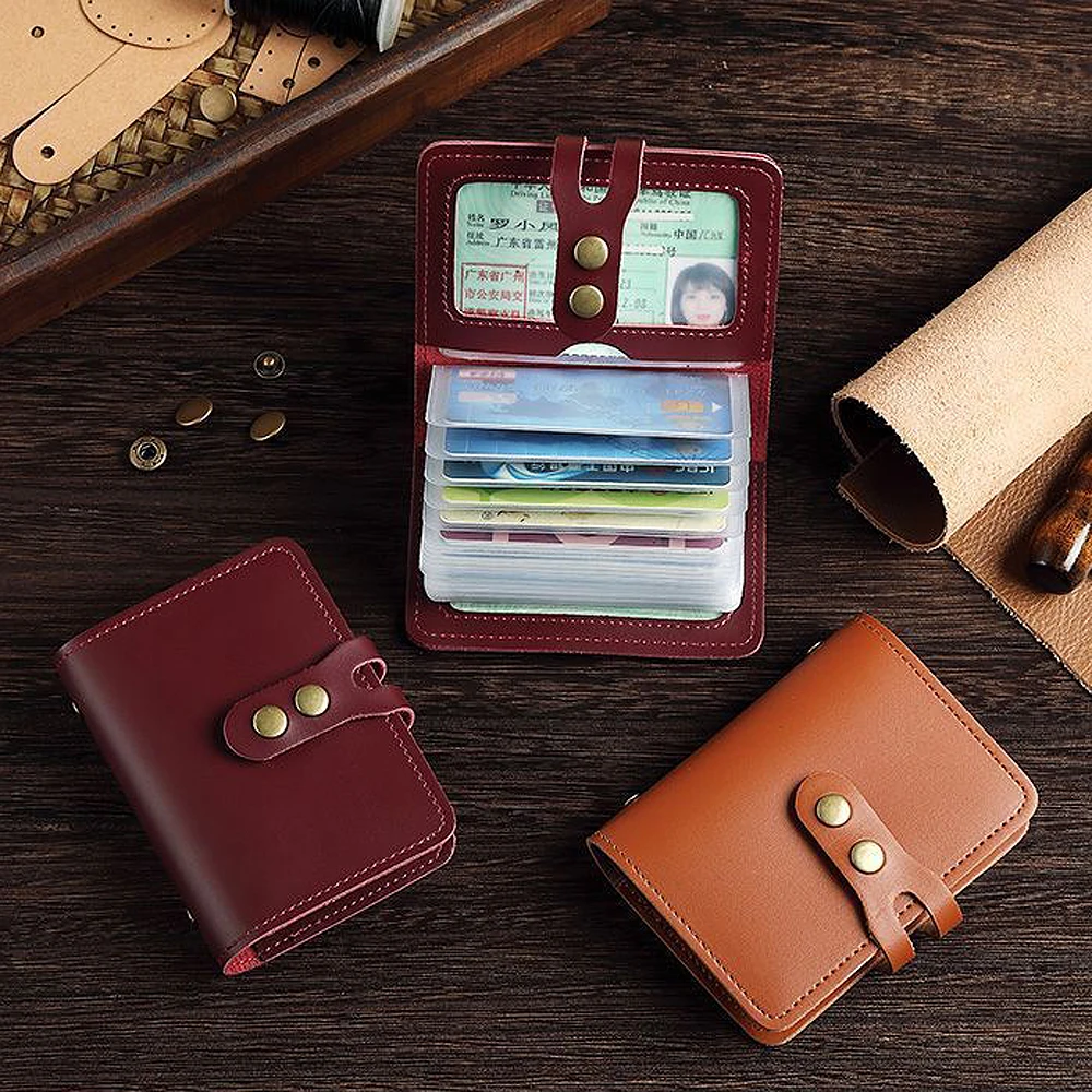 Vintage Buckle Card Bag Men's Leather Credit Card Wallet Woman 30 Page Translucent Driving Licence Business Card Holder Case