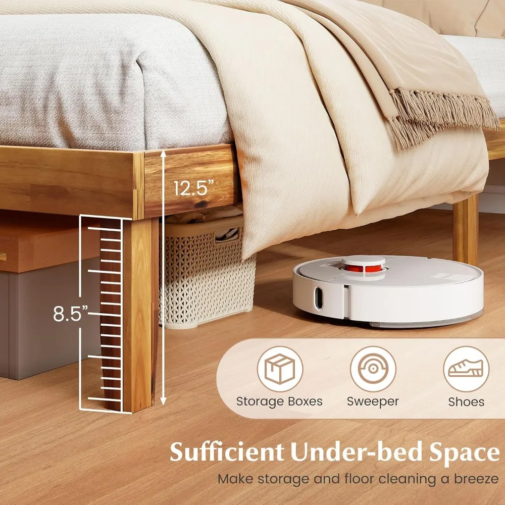 إطار سرير من خشب السنط بحجم كوين من Giantex، إطار سرير حديث لمنتصف القرن مع لوح رأسي، دعامة شرائح خشبية، سرير تحت السرير #6