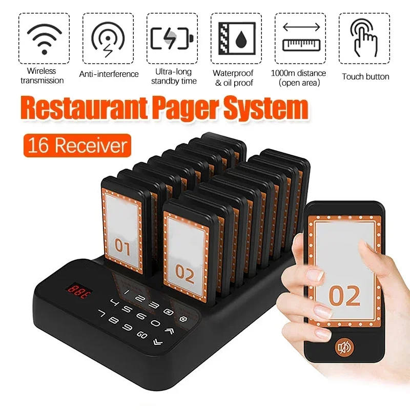 Restaurant Pager Wireless Calling System 16 Vibrator Buzzers Adjustable Keyboard Mode for Fast Food Truck Cafe Bar Service