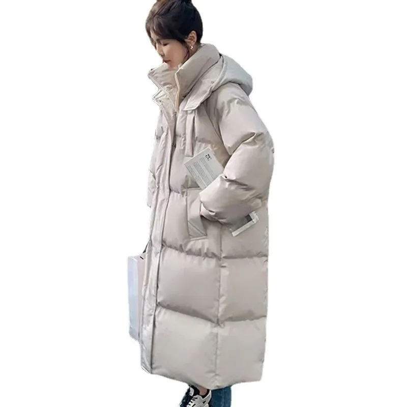 Parka lungo sciolto donna cappotto con cerniera spessa con cappuccio solido casual giacche a vita alta cappotti tascabili elegante signora caldo inverno 2025