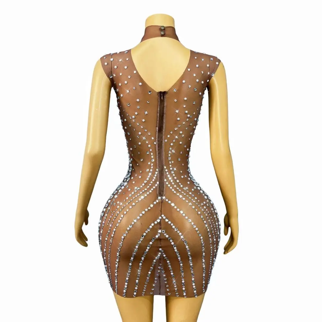 Women Luxury Pearls Rhinestones Brown Mesh Transparent Bodycon Mini Dress Showgirl Stage Costumes Nightbar DJ Gogo Dance Dress