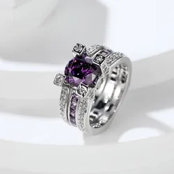 Elegant Lab Amethyst Diamond Ring Set 925 Sterling Silver Wedding Band Rings for Women Men Promise Party Jewelry Gift