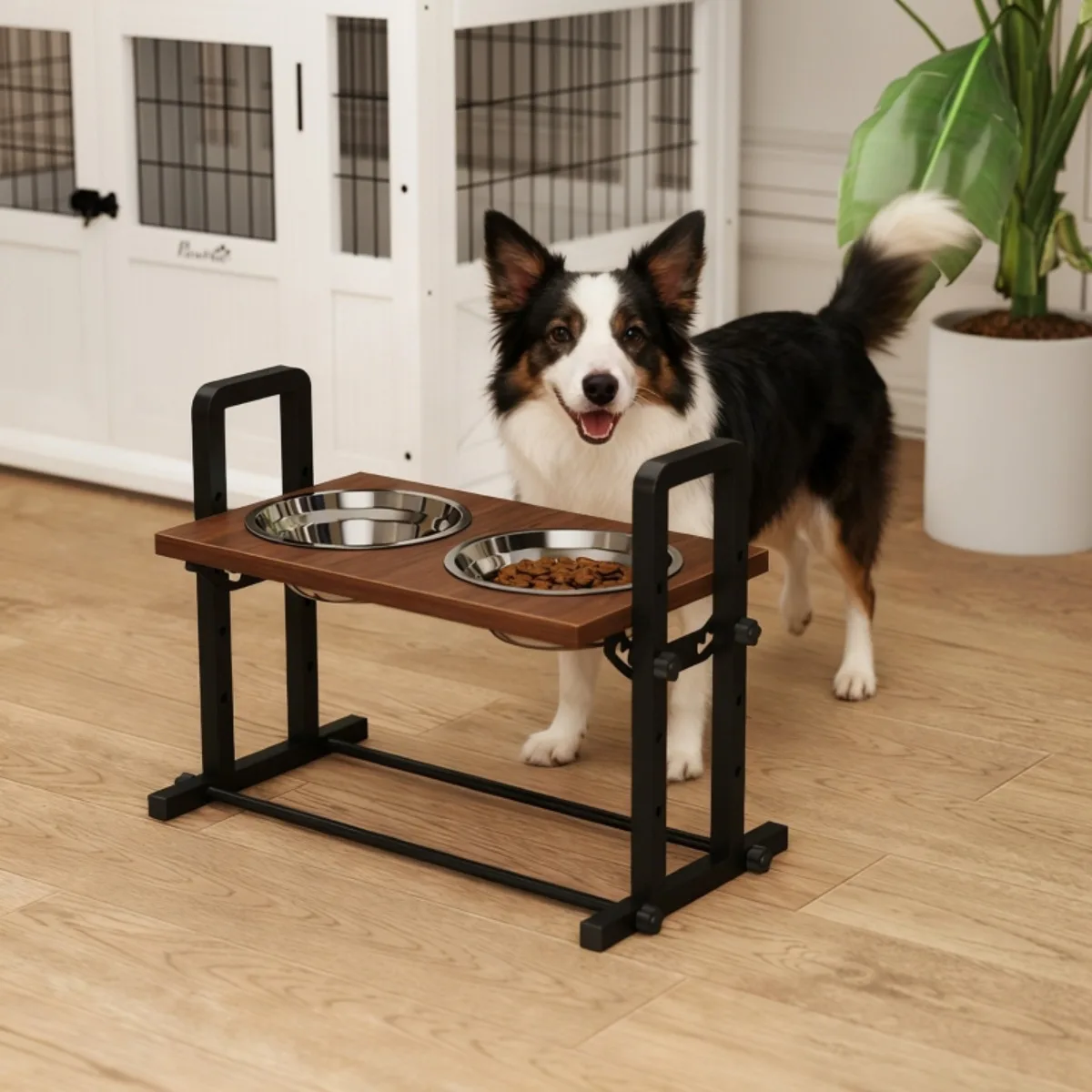 Gamelle surélevée pour chien avec 4 réglages de hauteur, 2 bols en acier inoxydable de 1,2 L, 3 angles réglables, marron