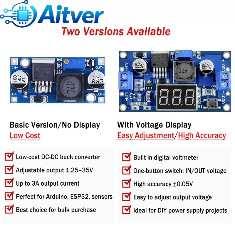 LM2596 DC-DC Buck Converter Adjustable 1.25 to 35V 3A With Display and Basic Version Step Down Power Supply Module