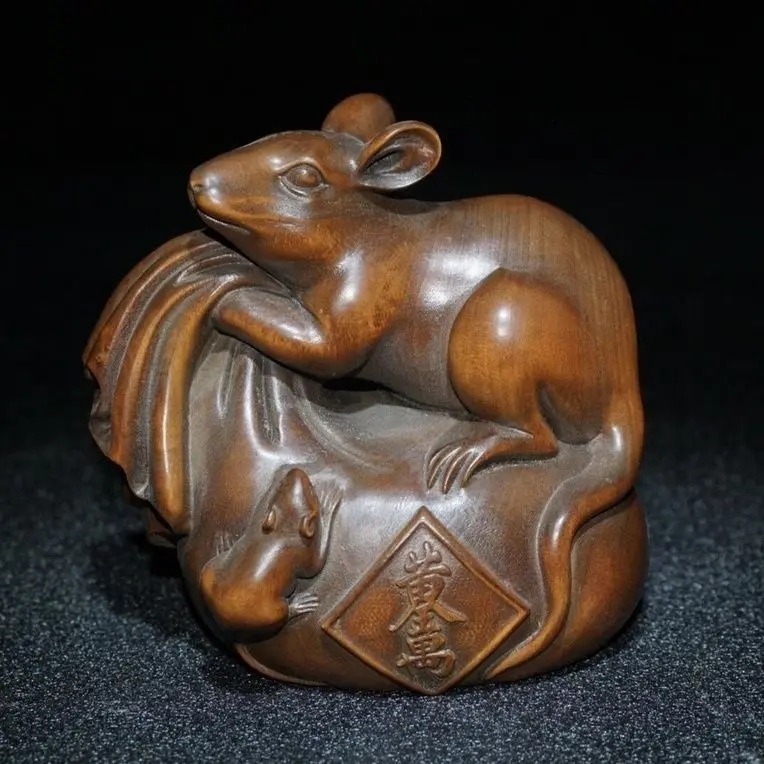 Hand Carved Wood Money bag mouse fortune mouse rat Statue Figurine Desktop Ornaments Home Decoration