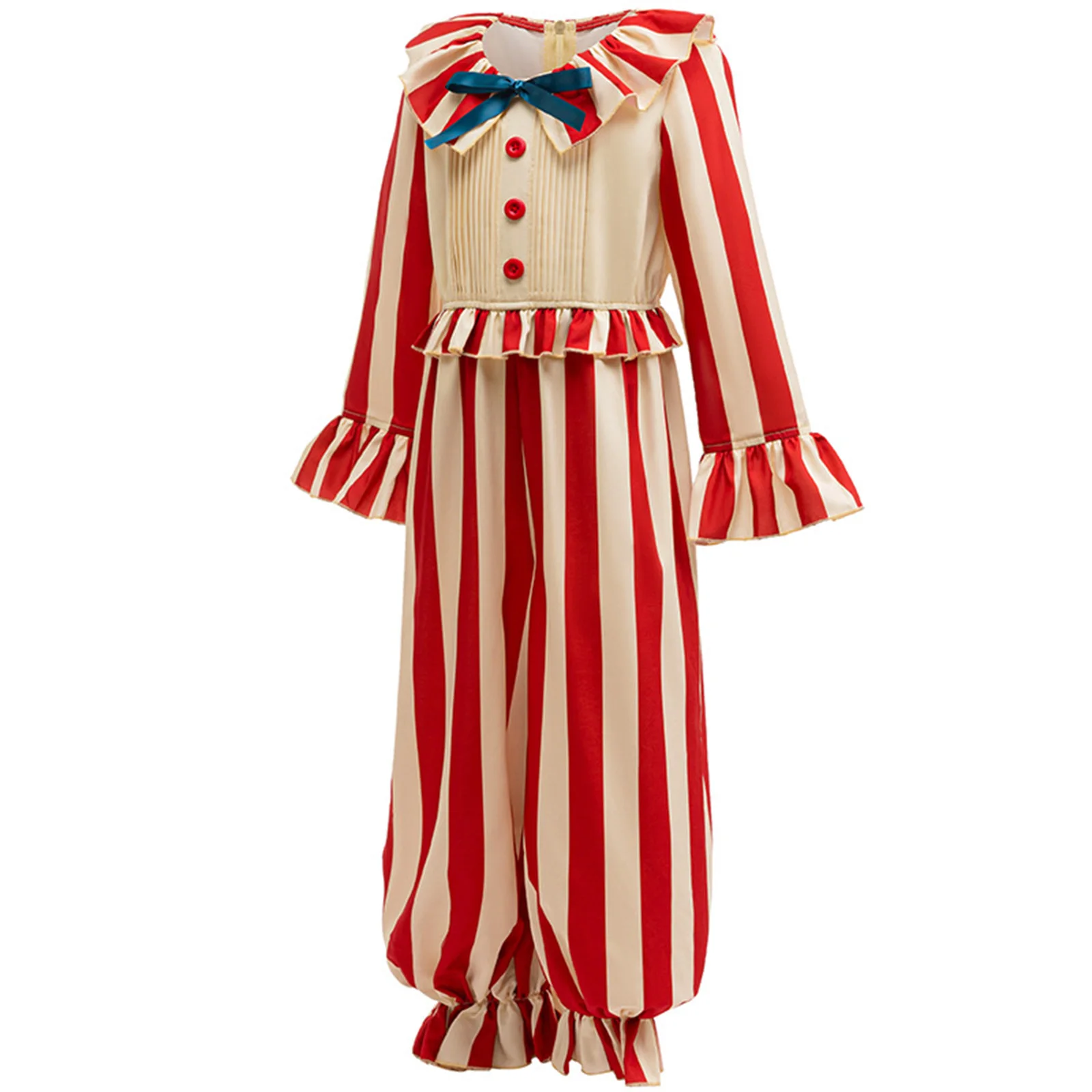

Kids Boys Girls Clown Costume Halloween Jumpsuit Strips Turn-Down Ruffled Collar Bow Tie Long Flare Sleeve Long Pants Romper